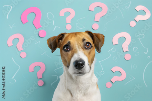 A dog looking at the camera with question marks around it, on a light blue background
