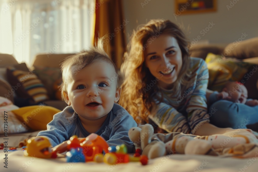 A woman and a baby happily playing with toys. Ideal for family and childcare concepts A woman and a baby happily playing with toys. Ideal for family and childcare concepts