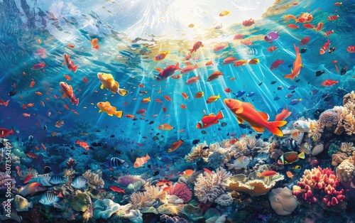 Sunlit coral reef bustling with colorful fish.