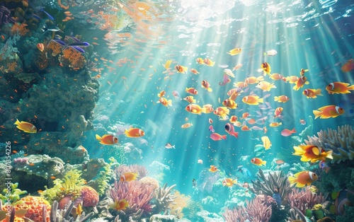 Sunlit coral reef bustling with colorful fish. © OLGA