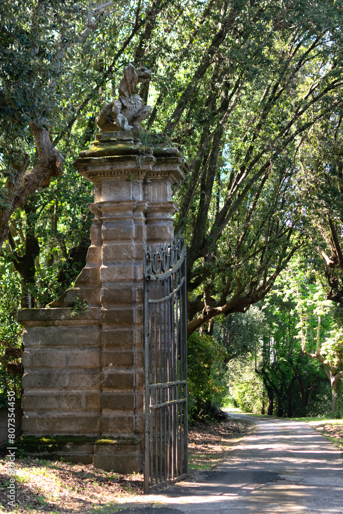 In the summer park there is an ancient stone high gate with an iron lattice, on top there is a statue of a dragon, vertical view