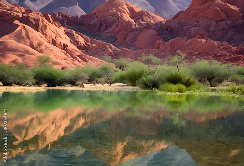 AI generated illustration of a mountain range reflected in river water