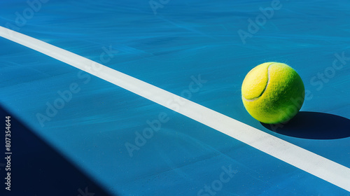 tennis ball whose shadow is crossing the line on the court, close-up © vvalentine