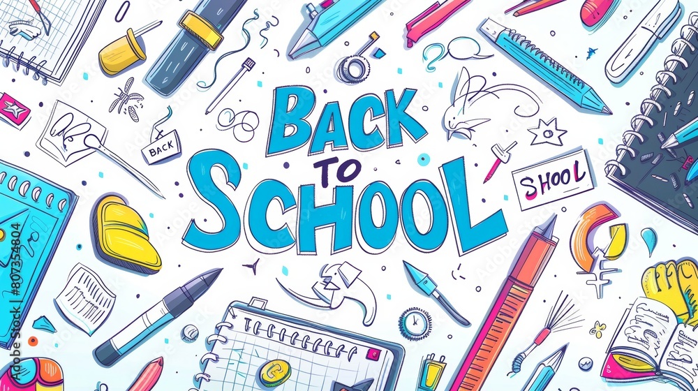 A vibrant and playful illustration featuring a variety of school supplies, emphasizing a fun back-to-school theme. A vibrant and playful illustration featuring a variety of school supplies, emphasizing a fun back-to-school theme.
