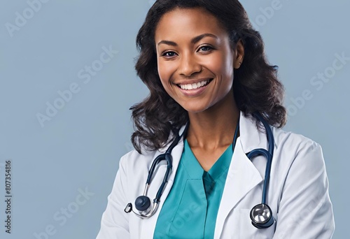 Doctora posando sobre un fondo azul photo