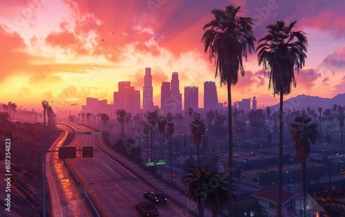 Sunset over a bustling city highway, flanked by skyscrapers and palm trees.