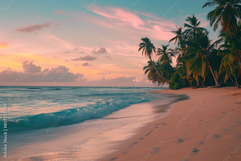 tropical beach at sunset, the sky painted in hues of pink and orange