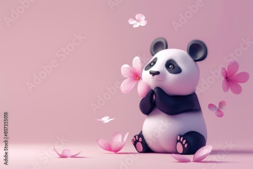 Cute panda bear sitting on the ground with a flower in its mouth. Suitable for various design projects