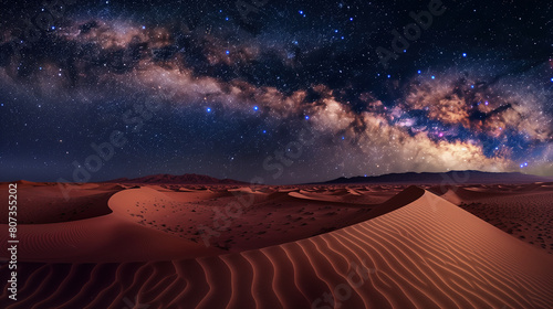 Fototapeta Naklejka Na Ścianę i Meble -  vast desert under a starry night sky, the Milky Way brightly visible above undisturbed sand dunes