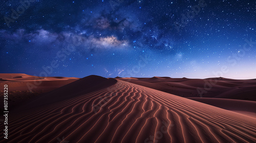 vast desert under a starry night sky  the Milky Way brightly visible above undisturbed sand dunes