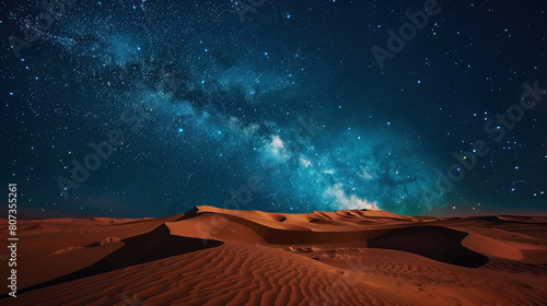 vast desert under a starry night sky, the Milky Way brightly visible above undisturbed sand dunes