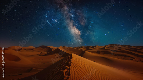 vast desert under a starry night sky, the Milky Way brightly visible above undisturbed sand dunes