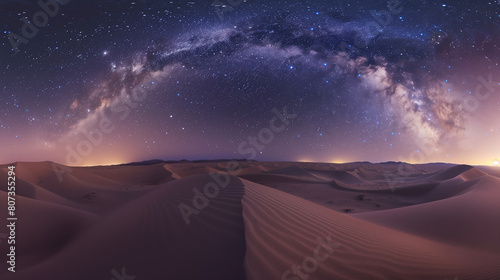 vast desert under a starry night sky, the Milky Way brightly visible above undisturbed sand dunes photo