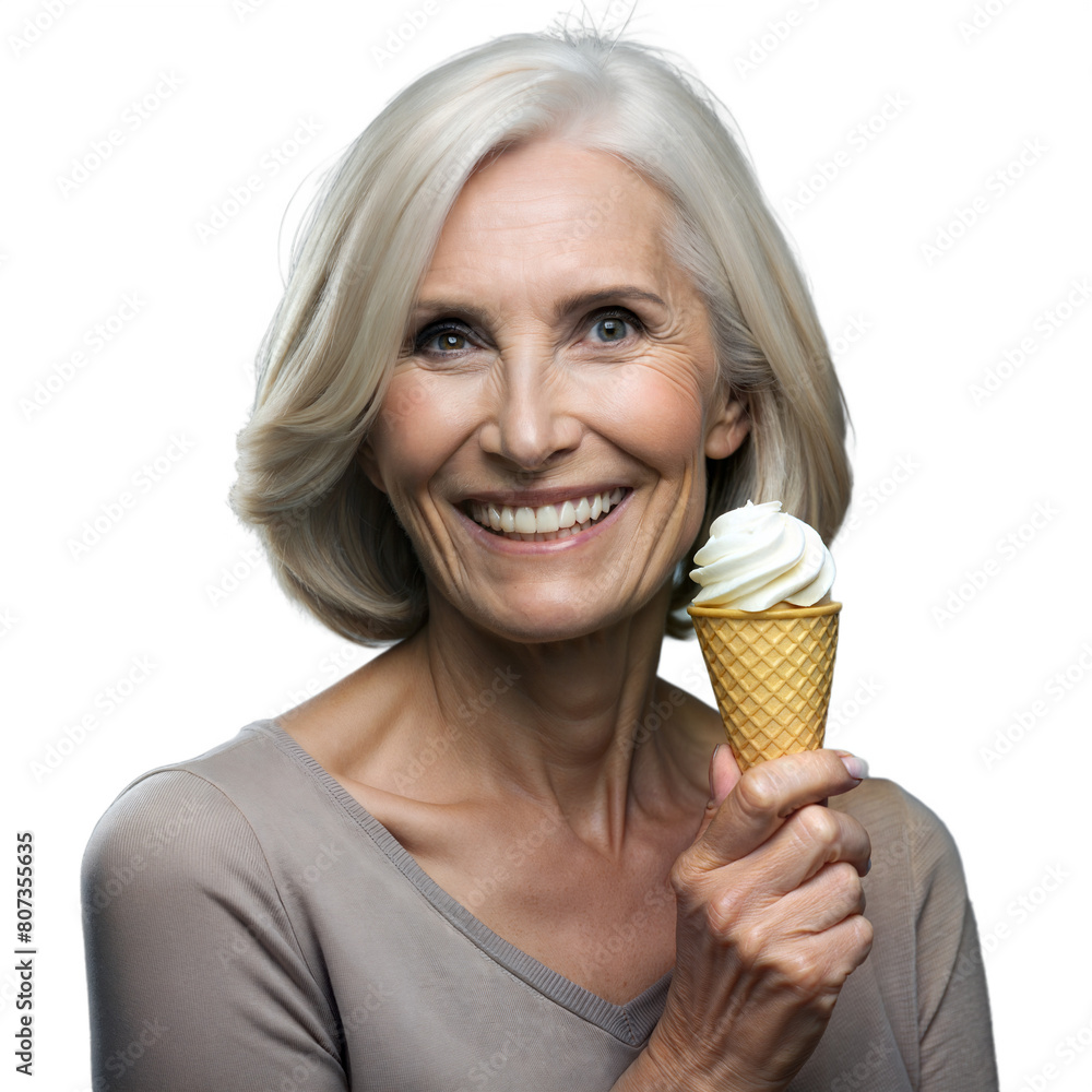 Smiling Senior Woman Enjoying Vanilla Ice Cream Cone in a Studio Setting Smiling Senior Woman Enjoying Vanilla Ice Cream Cone in a Studio Setting