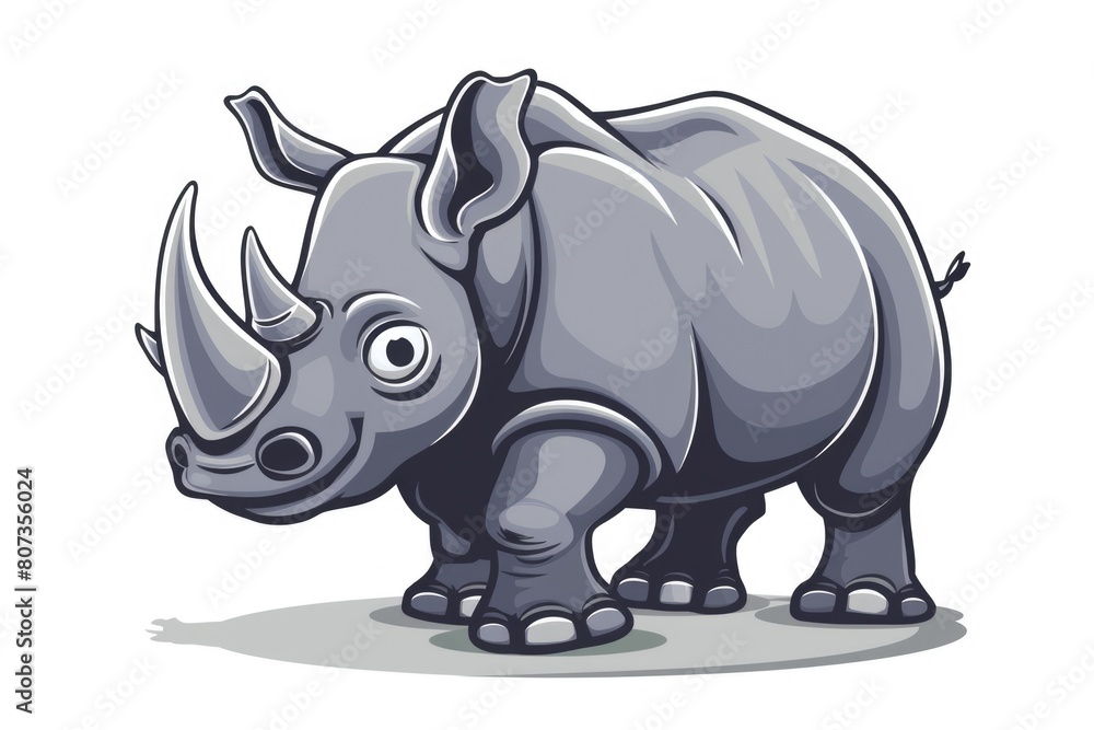 Cartoon rhino standing in front of a white background. Suitable for children's books or educational materials