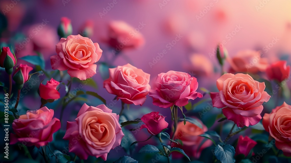 A field of pink roses with a purple background A field of pink roses with a purple background