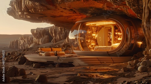An HD wallpaper of a futuristic pod house on Mars, featuring advanced materials and life-support systems.