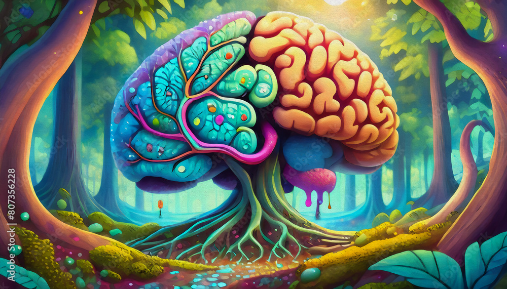 OIL PAINTING STYLE  CARTOON illustration Old twisted roots coming out of the ground, transforming into a human brain, in a lush green