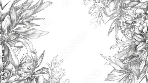 Detailed black and white drawing of flowers and leaves. Suitable for botanical illustrations