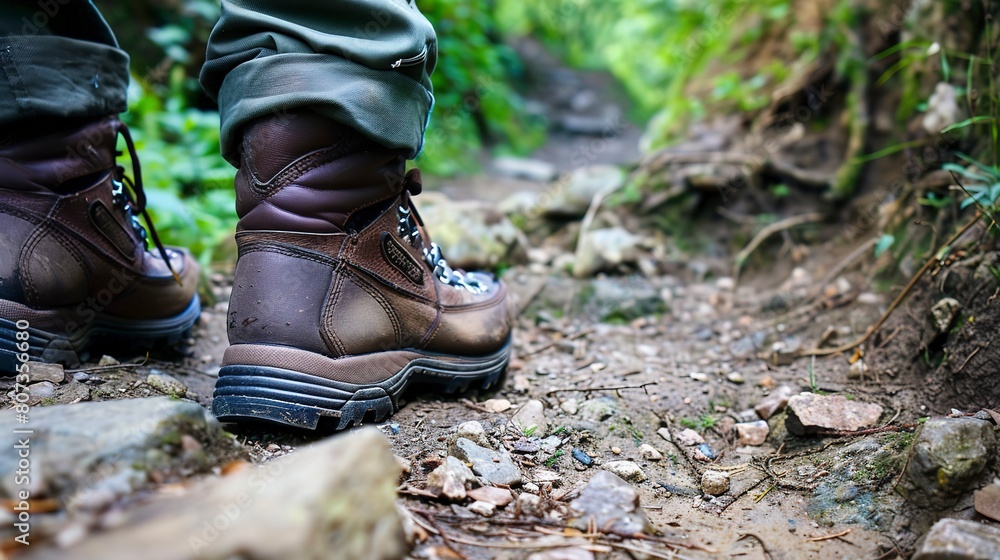 Hiking guide's boots on rocky path, close-up, leading the way in nature Hiking guide's boots on rocky path, close-up, leading the way in nature