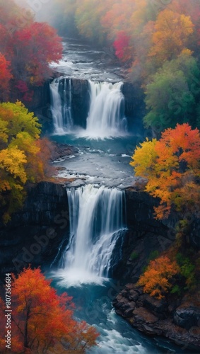 Falls of Fantasy, Abstract Aerial View of Waterfall, Bursting with Vivid Colors, Misty Aura, and Surreal Essence