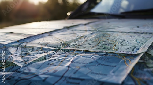 Road trip map sprawled on car hood, close-up, scenic routes and stops marked 