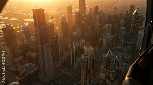 Helicopter tour over cityscape, close-up of skyscrapers under golden hour light 