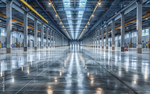 Vast  empty industrial warehouse with polished floor and high ceiling.