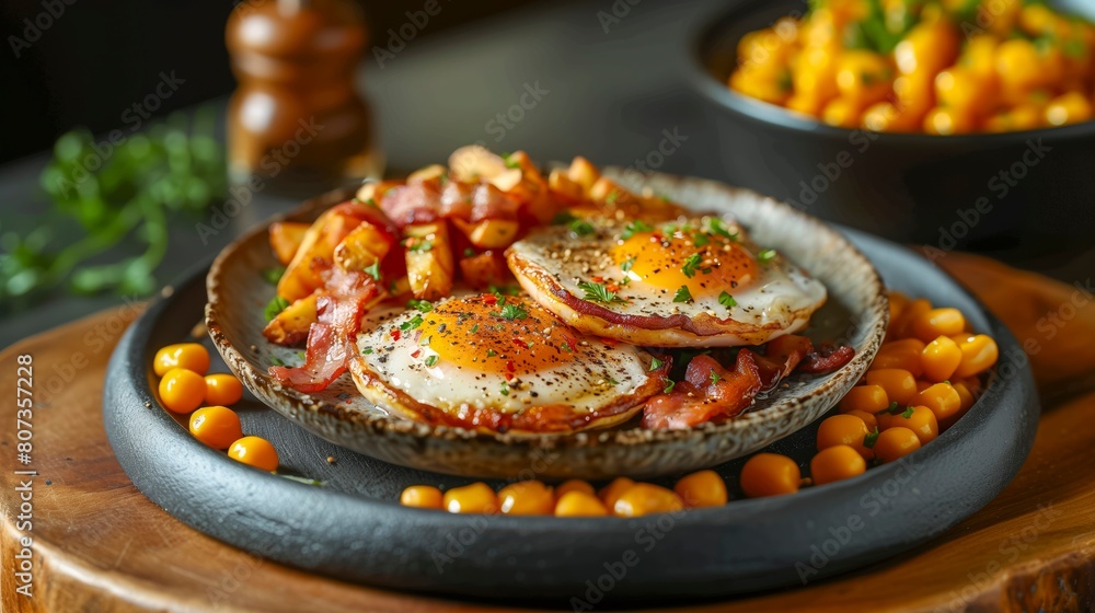 A vibrant plate showcases a delicious ensemble of eggs, crispy bacon A vibrant plate showcases a delicious ensemble of eggs, crispy bacon