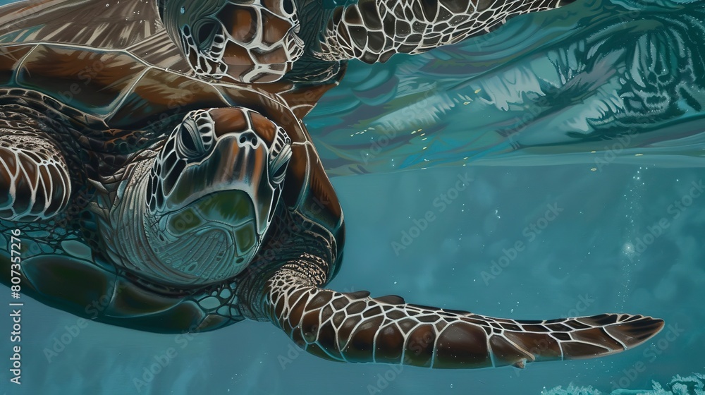 Naklejka premium Sea turtle swimming, close-up of shell patterns and flippers, serene ocean -