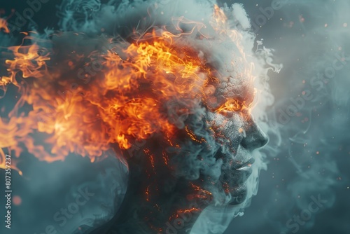 A man's head engulfed in flames. Suitable for concepts of danger and crisis