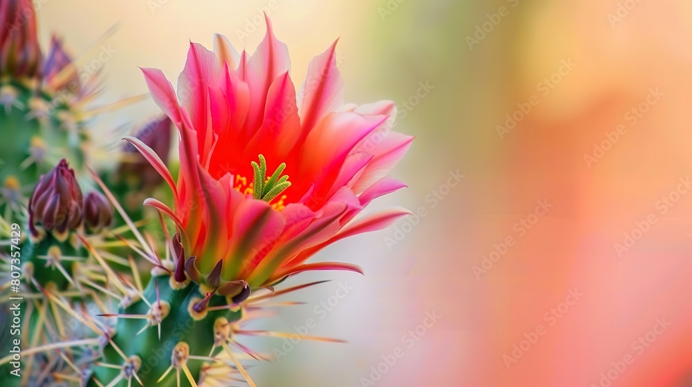 Cactus flower blooming, close-up of vibrant petals against arid backdrop Cactus flower blooming, close-up of vibrant petals against arid backdrop