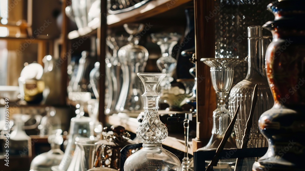 Antique shop treasures, close-up of unique vintage finds, dust and stories 