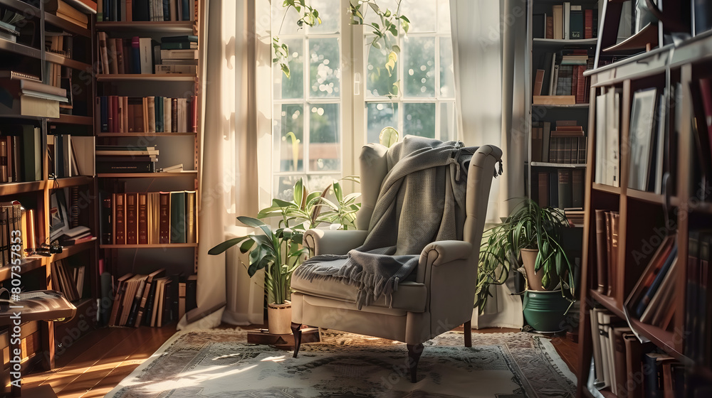Inviting reading nook with an armchair and bookshelves bathed in natural light AI