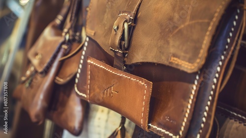Leather goods in artisan shop, close-up of stitching and quality material, rustic charm