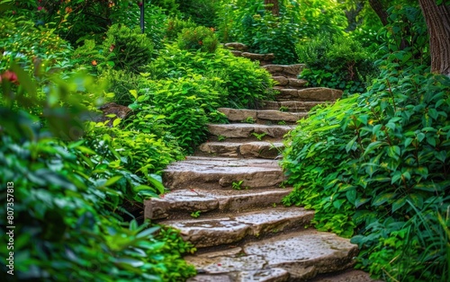 Verdant garden with lush greenery  winding stone path  and rustic stone steps.