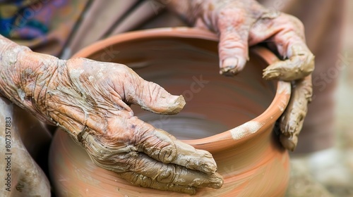 Traditional pottery workshop, close-up of potterâ€™s hands and clay, skillful creation 