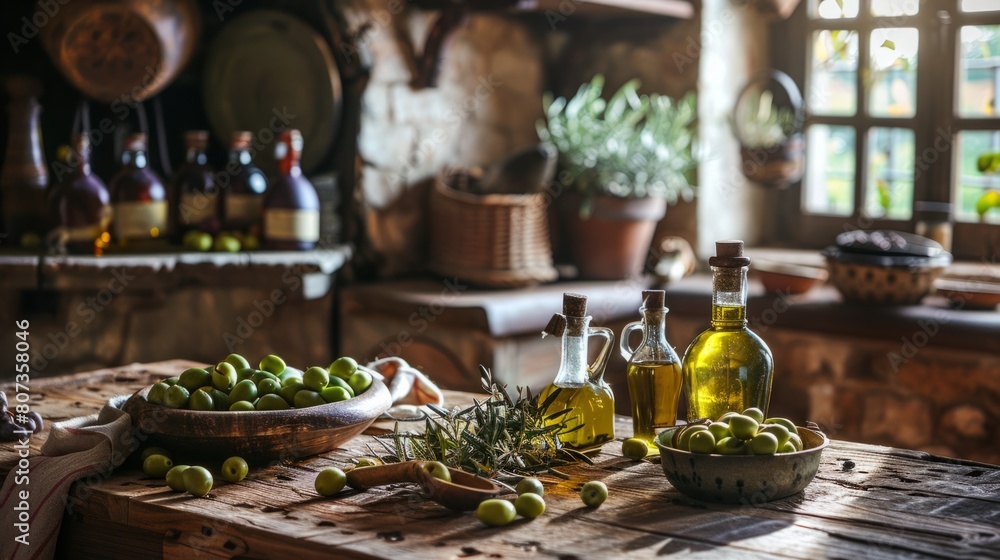 Fototapeta premium mediterranean table setting, a mediterranean-inspired scene with olives, olive oil, and a drizzler on a rustic wooden table, evoking a sense of rustic charm