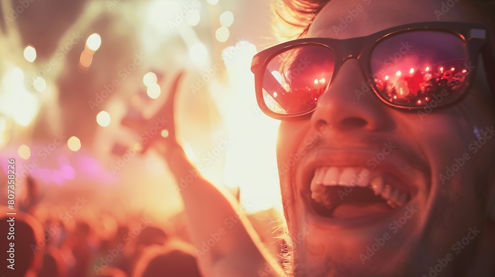 Tourist at a summer festival, close-up on face illuminated by fireworks, night sky, expressive joy Tourist at a summer festival, close-up on face illuminated by fireworks, night sky, expressive joy