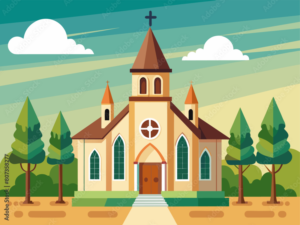 Flat design christian church building. Vector illustration for religion architecture design. Cartoon church building silhouette with cross, chapel, fence, trees. Catholic holy traditional symbol. Flat design christian church building. Vector illustration for religion architecture design. Cartoon church building silhouette with cross, chapel, fence, trees. Catholic holy traditional symbol.