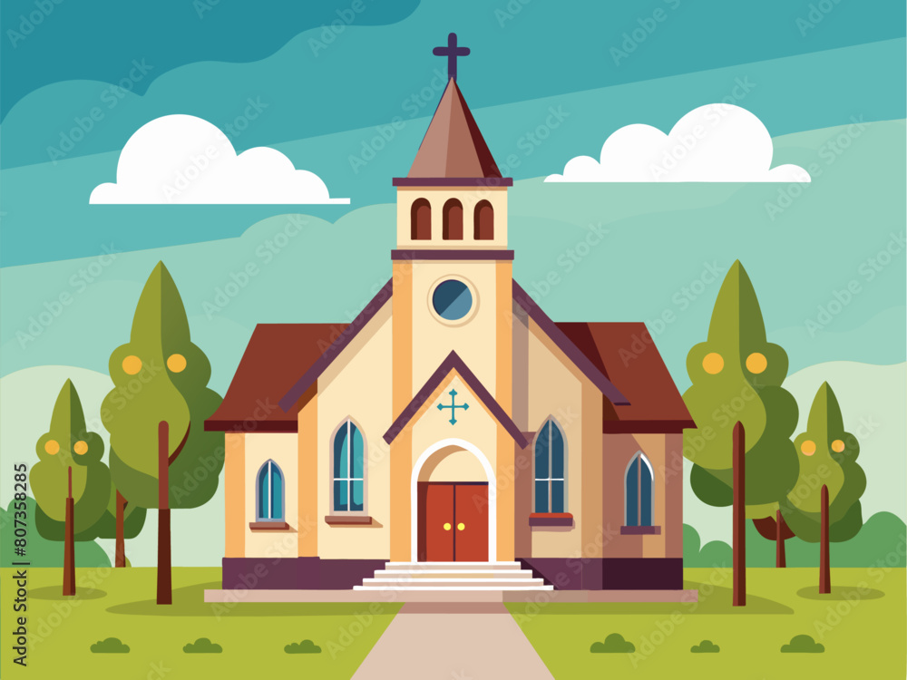 Flat design christian church building. Vector illustration for religion architecture design. Cartoon church building silhouette with cross, chapel, fence, trees. Catholic holy traditional symbol. 