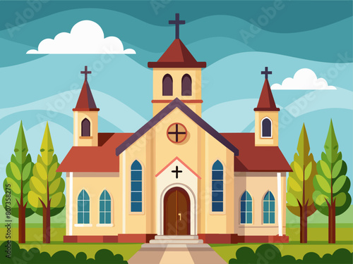 Flat design christian church building. Vector illustration for religion architecture design. Cartoon church building silhouette with cross  chapel  fence  trees. Catholic holy traditional symbol. 