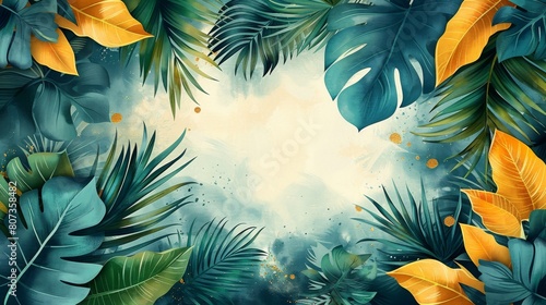 A tropical botanical triptych wall art modern design  with palm leaves  Monstera leaves  Golden line drawings  and watercolor hand painting for wall decor  posters and wallpaper.