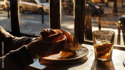 Traveler savoring a pastry at a Parisian bakery, close-up on hands breaking bread, warm morning light