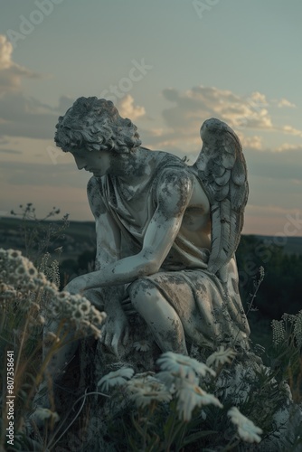 A serene angel statue sitting on a rock  suitable for religious or spiritual concepts