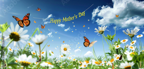 Meadow with daisies, butterflies, "Happy Mother's Day" banner in the sky.