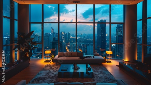 HD wallpaper of a luxurious urban condo with floor-to-ceiling glass windows offering a panoramic city view  showcasing minimalist modern design and elegant interior lighting