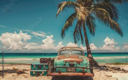 Vintage car with luggage on beach beside a palm tree. © OLGA