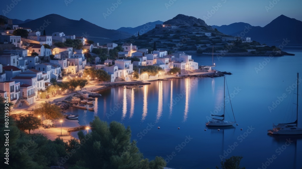 Fototapeta premium serene Greek island at twilight with lights reflecting in calm Mediterranean waters