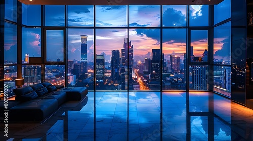 HD wallpaper of a luxurious urban condo with floor-to-ceiling glass windows offering a panoramic city view, showcasing minimalist modern design and elegant interior lighting